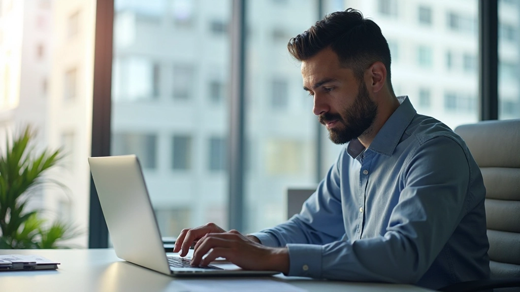 Предприниматель работает за компьютером, анализирует данные и финансовые отчеты, современный офис с видом на город