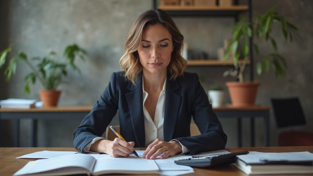 Предпринимательница планирует финансовый стратегический документ, современный офис, стратегическое планирование