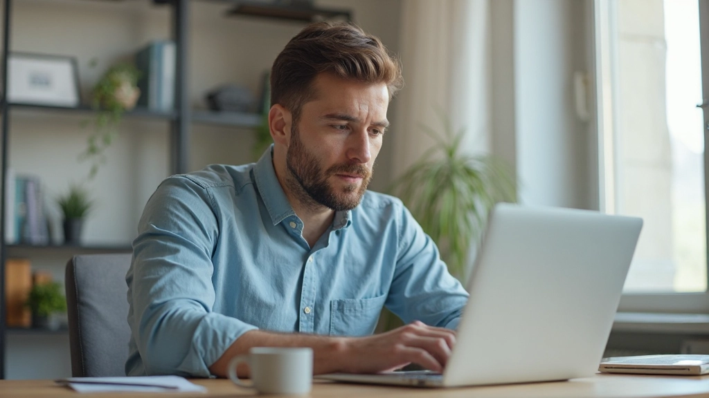 Молодой предприниматель работает с различными источниками дохода на компьютере