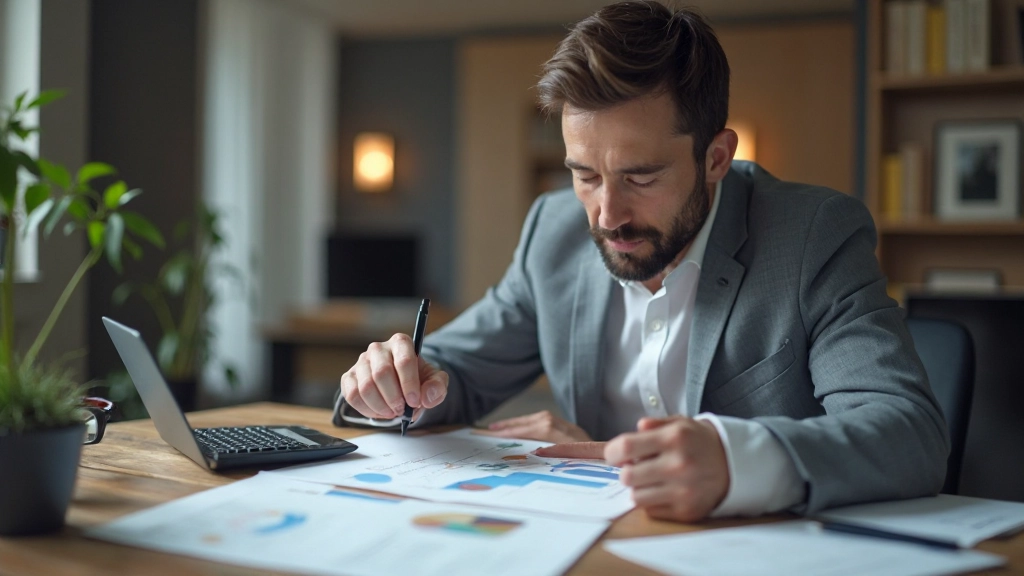 Инвестор анализирует портфель на рабочем столе