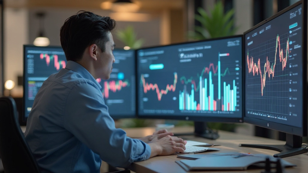 Молодой инвестор анализирует портфель инвестиций на графиках роста активов