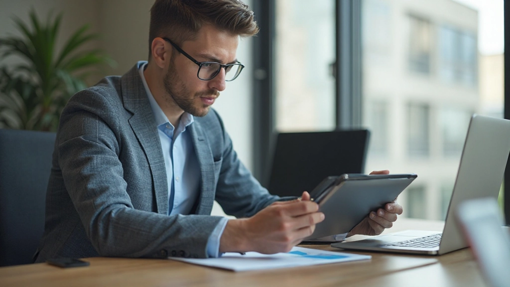 Молодой инвестор изучает портфель акций и инвестиционные возможности