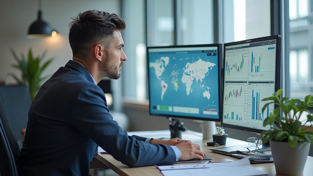 Молодой инвестор анализирует портфель акций на графиках, финансовое рабочее место с документами